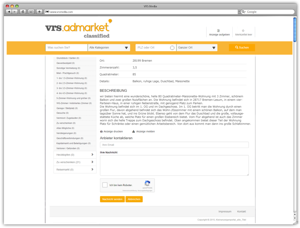 vrs.AdMarket Classified, VRS Media Kleinanzeigenportal Anbieter kontaktieren