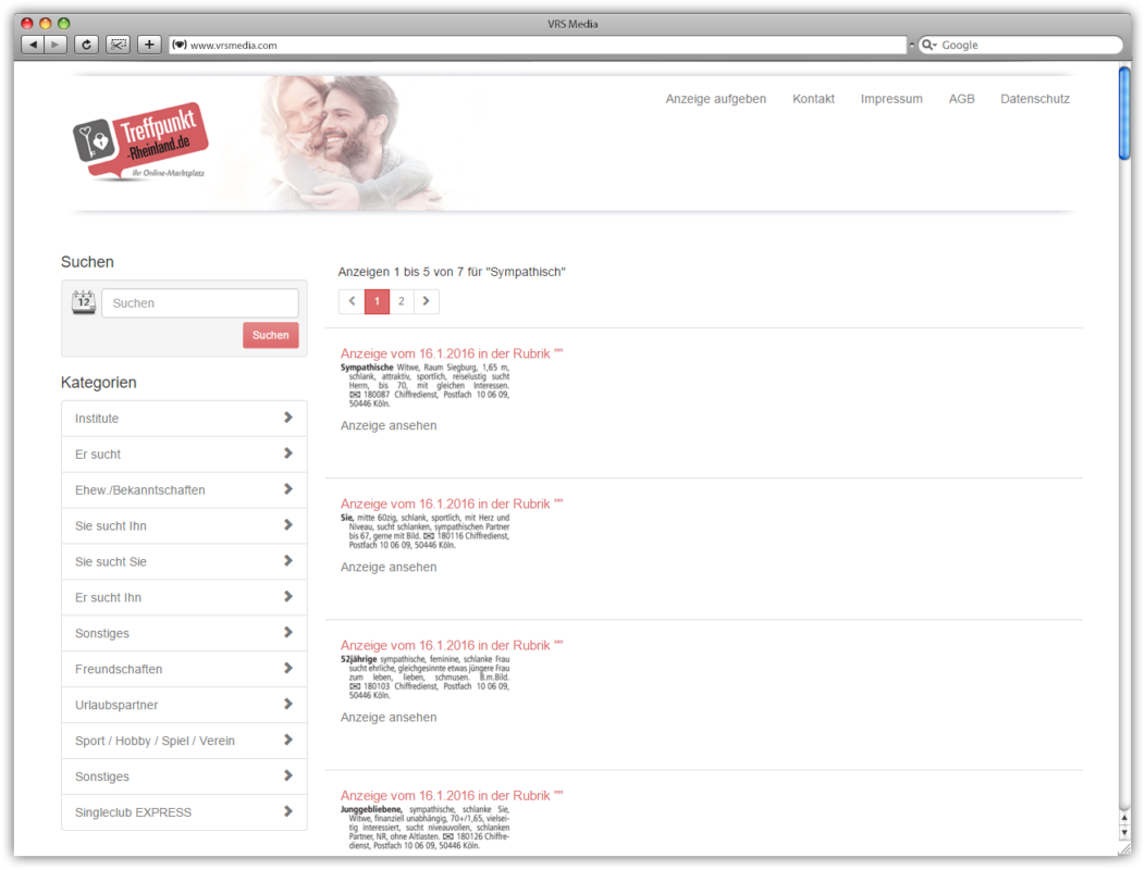 Screenshot Rubrikenportal-Loesung, vrs.AdMarket Basic