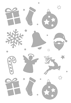 Dekorative Weihnachtsgrafik mit Symbolen, wie Engeln, Socken, Geschenken und Christbaumkugeln